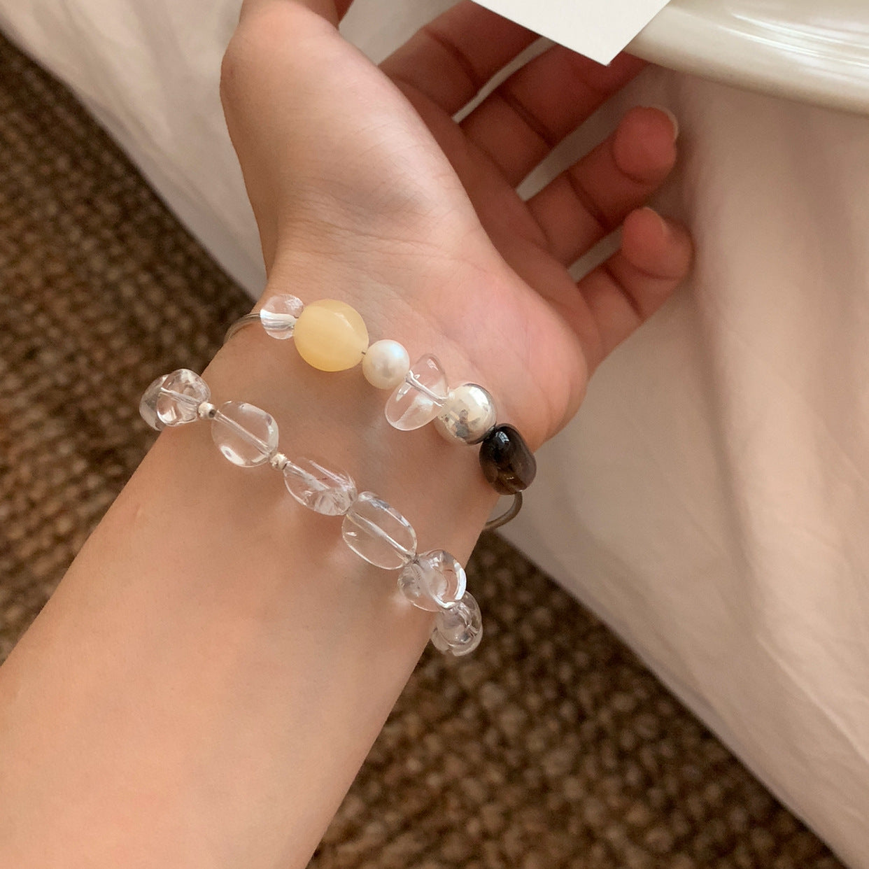 irregular white & smoky quartz silver bracelet | original handcrafted s925 natural stone jewelry