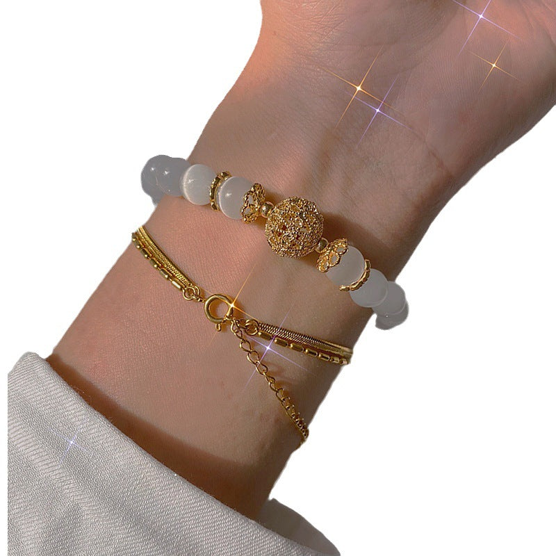 cat’s eye & gray moonstone bracelet | gold-plated lucky bead minimalist jewelry with oriental charm