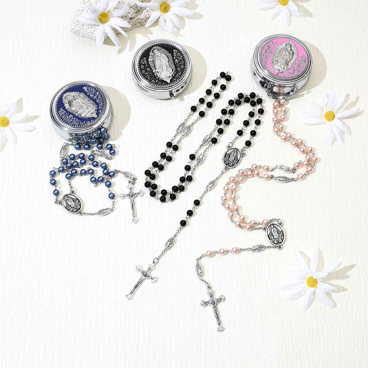 pearl rosary cross necklace | long beaded s925-plated chain - Lyra