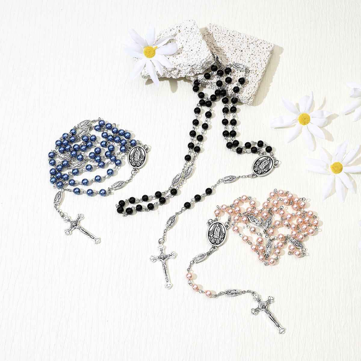 pearl rosary cross necklace | long beaded s925-plated chain - Lyra