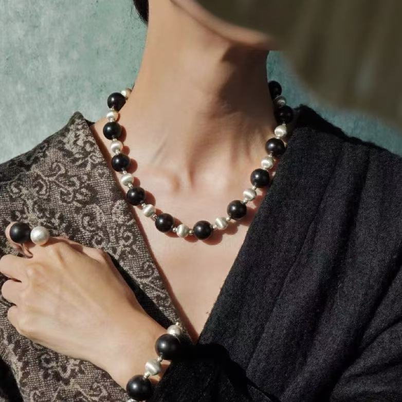 black sandalwood brushed bead necklace | minimalist handcrafted statement jewelry