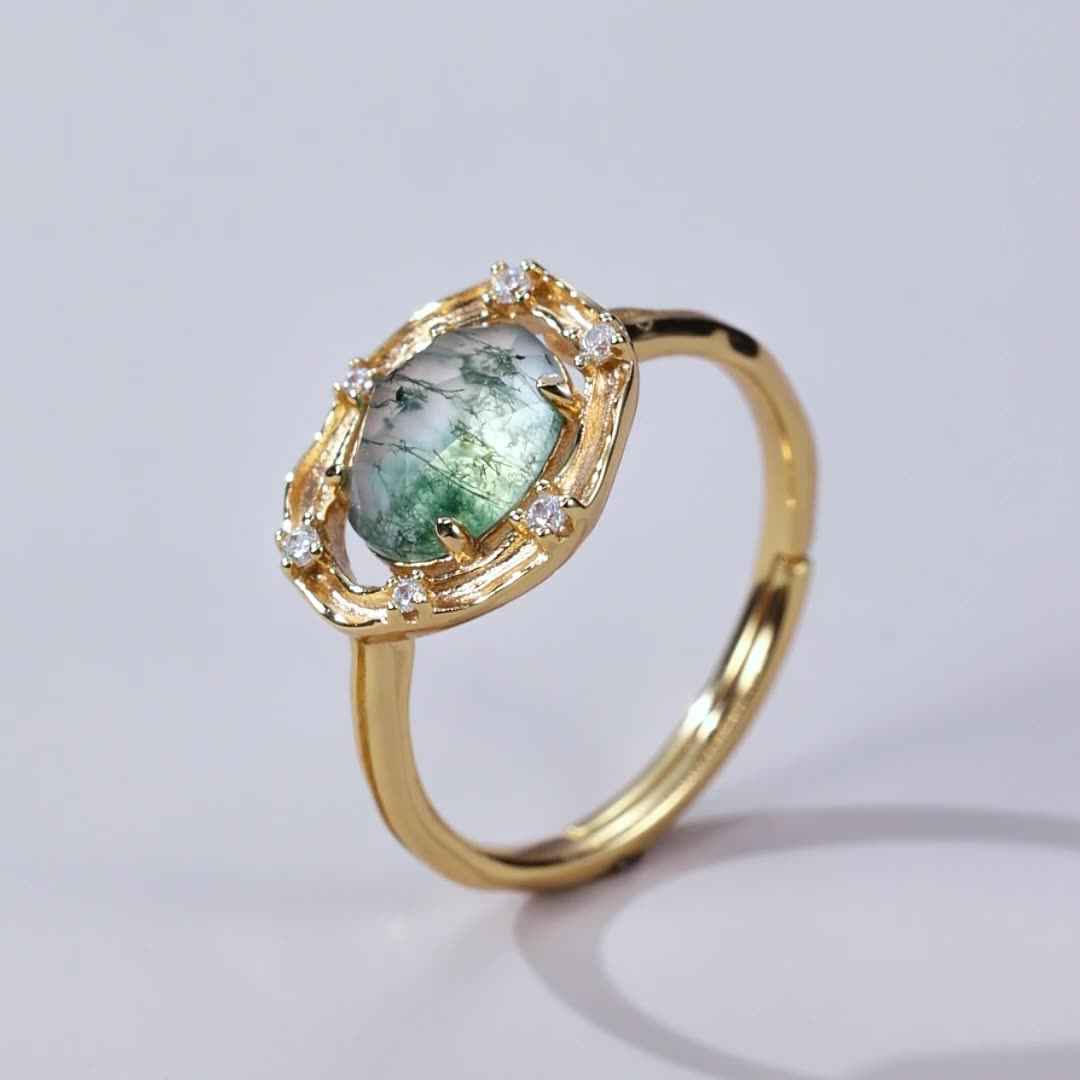 moss agate silver ring | s925 sterling silver with natural moss agate - Lyra