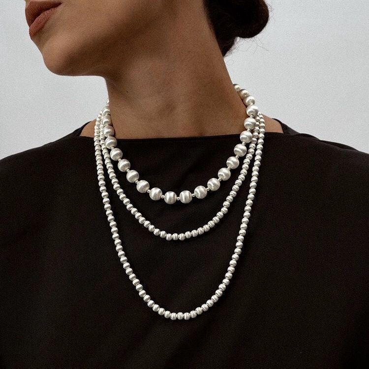 brushed metal sphere necklace set | minimalist long sweater chain & earrings with modern luxury design