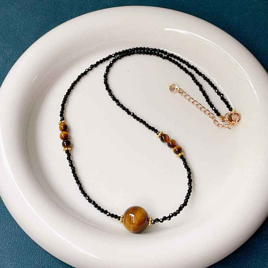 black spinel & tiger’s eye necklace | modern oriental vintage choker in s925 silver - Lyra