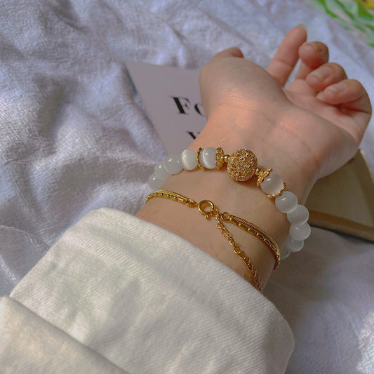 cat’s eye & gray moonstone bracelet |   gold-plated lucky bead minimalist jewelry with oriental charm