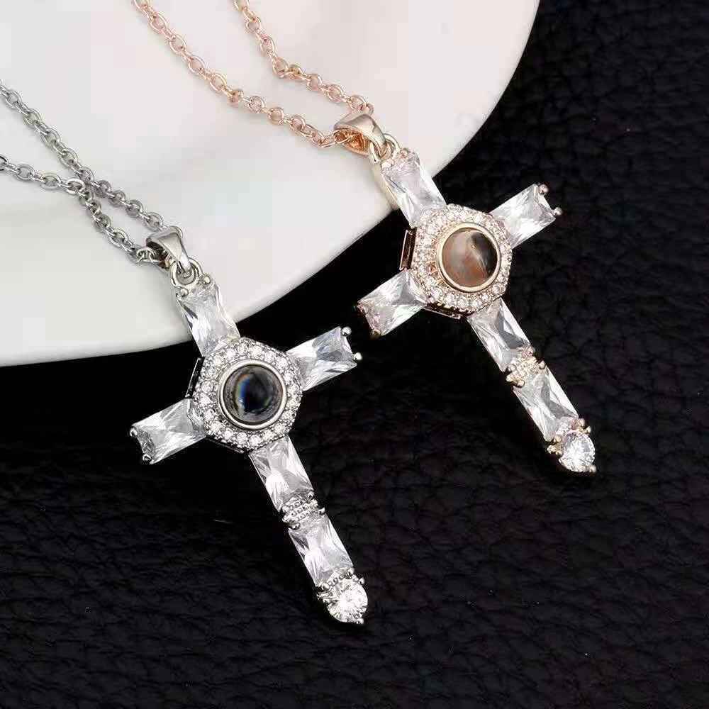 custom projection cross necklace | 100 languages “i love you” pendant with photo engraving - Lyra