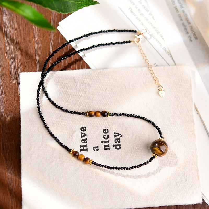 black spinel & tiger’s eye necklace | modern oriental vintage choker in s925 silver - Lyra