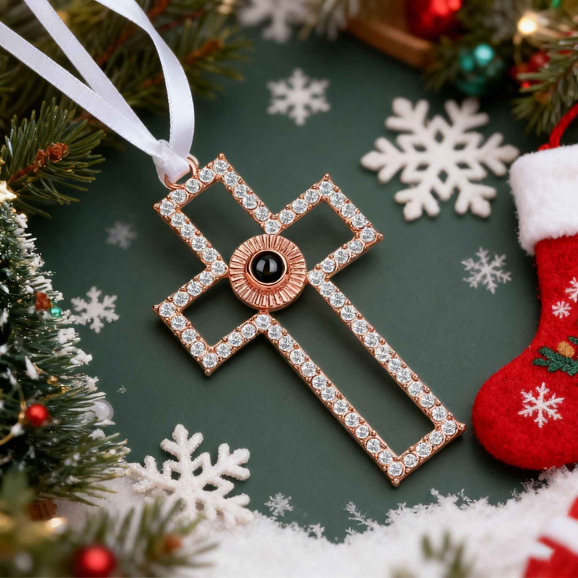 projection cross ornament | personalized christmas tree pendant with photo & “i love you” light - Lyra