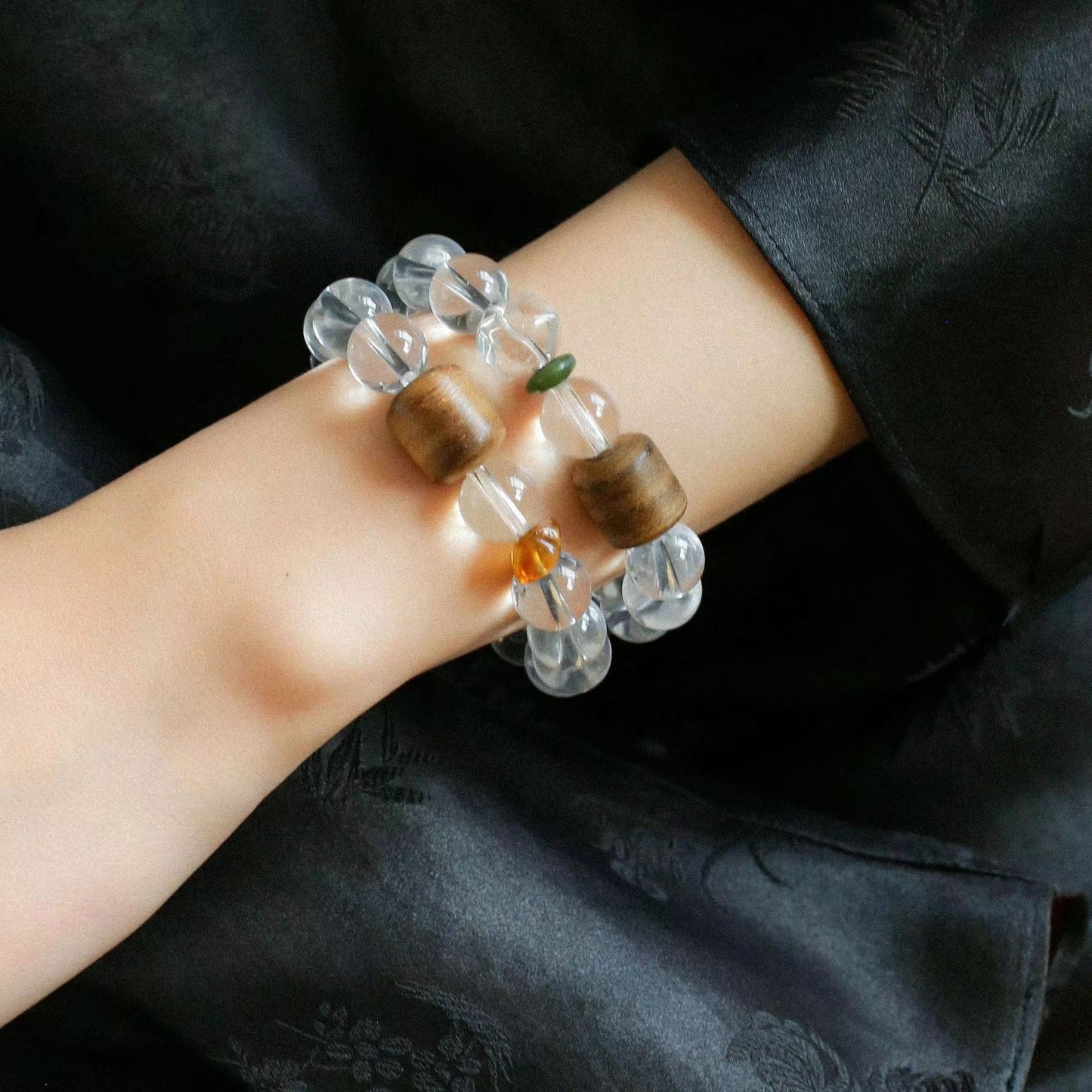 new oriental white crystal sandalwood bracelet | handmade natural gemstone & wood beaded jewelry for women