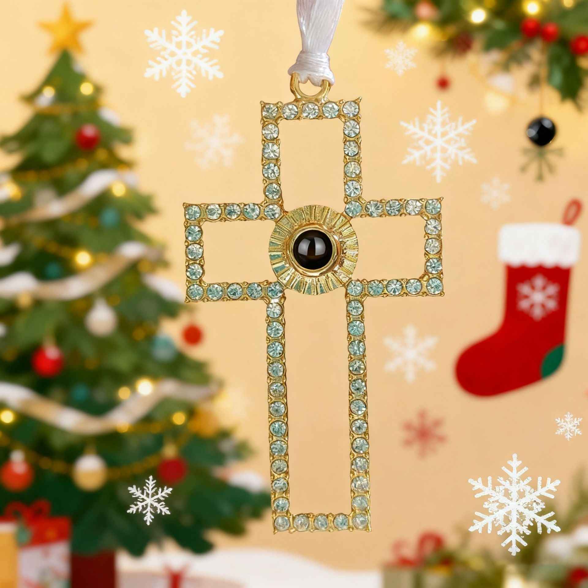 projection cross ornament | personalized christmas tree pendant with photo & “i love you” light - Lyra
