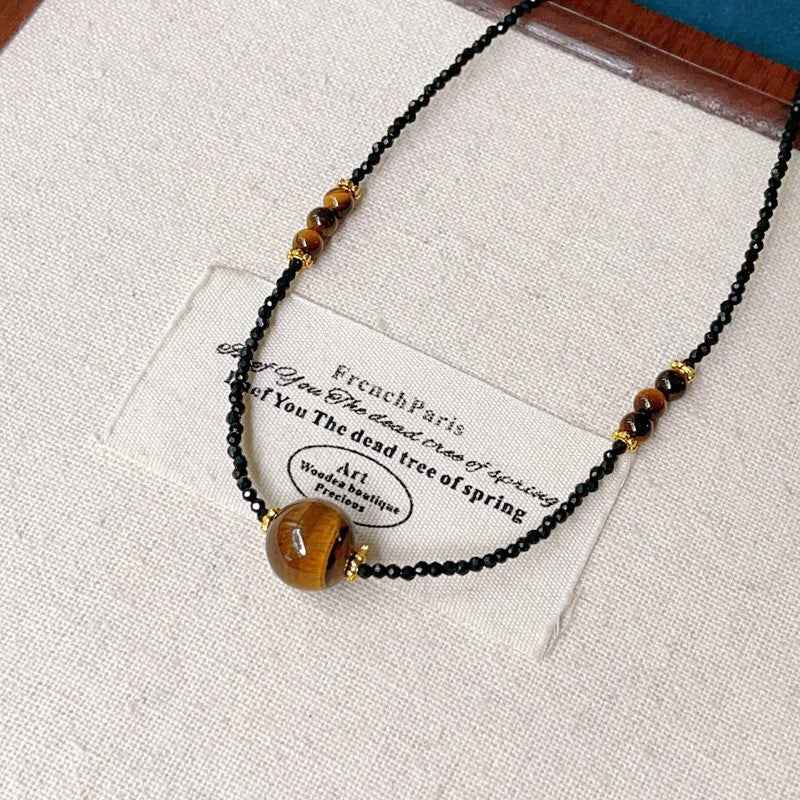 black spinel & tiger’s eye necklace | modern oriental vintage choker in s925 silver - Lyra