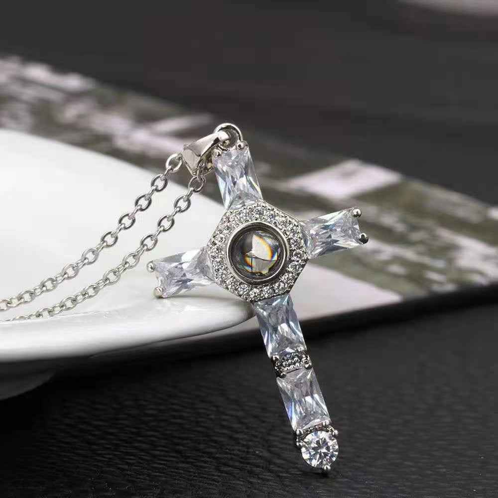 custom projection cross necklace | 100 languages “i love you” pendant with photo engraving - Lyra