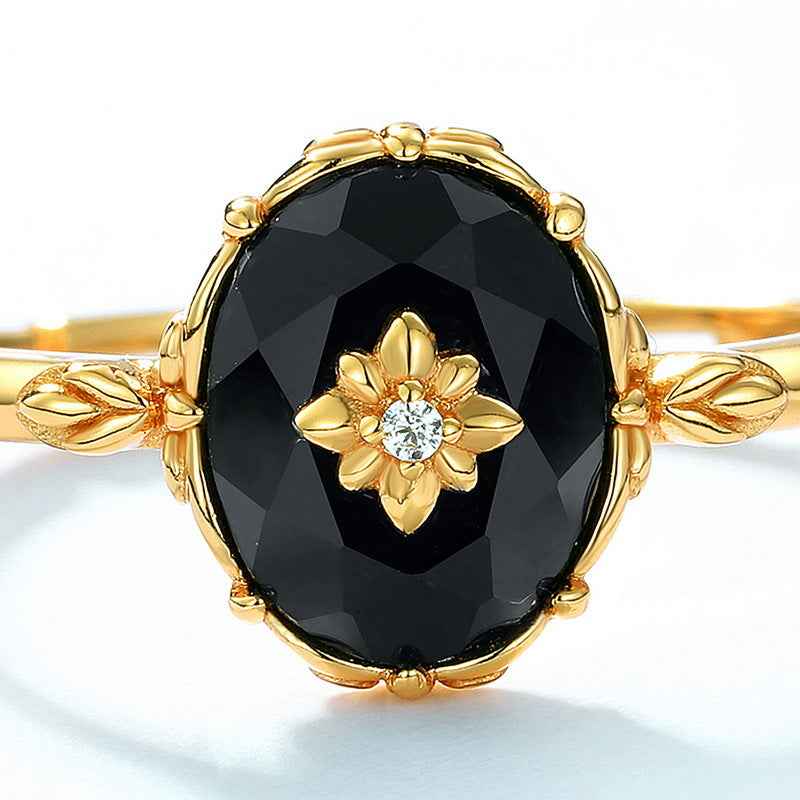 black onyx vintage pattern ring | s925 sterling silver with natural black onyx - Lyra