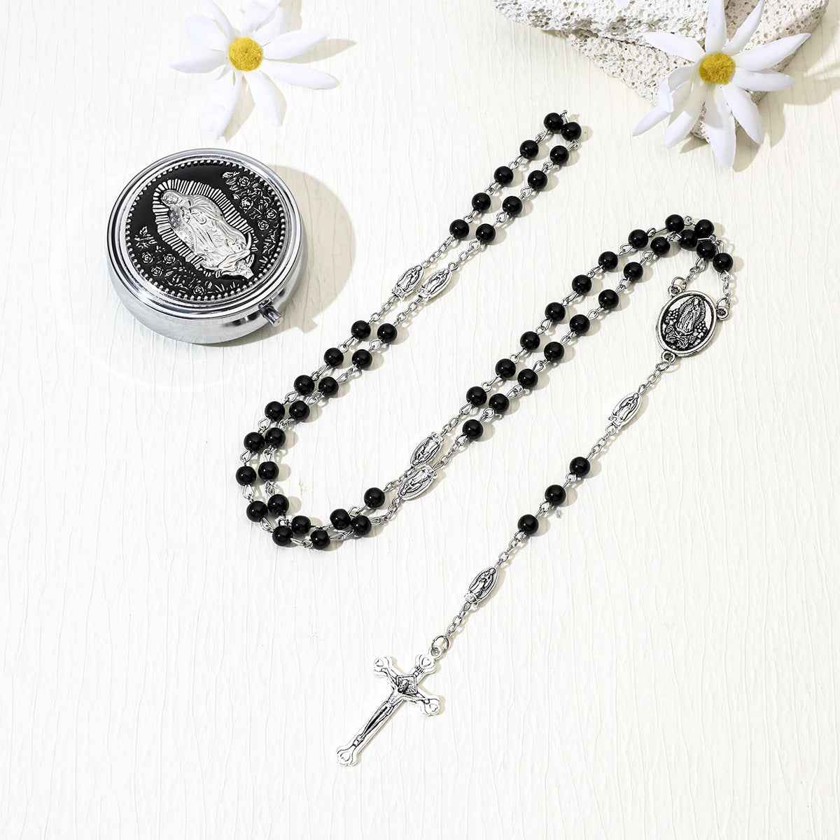 pearl rosary cross necklace | long beaded s925-plated chain - Lyra