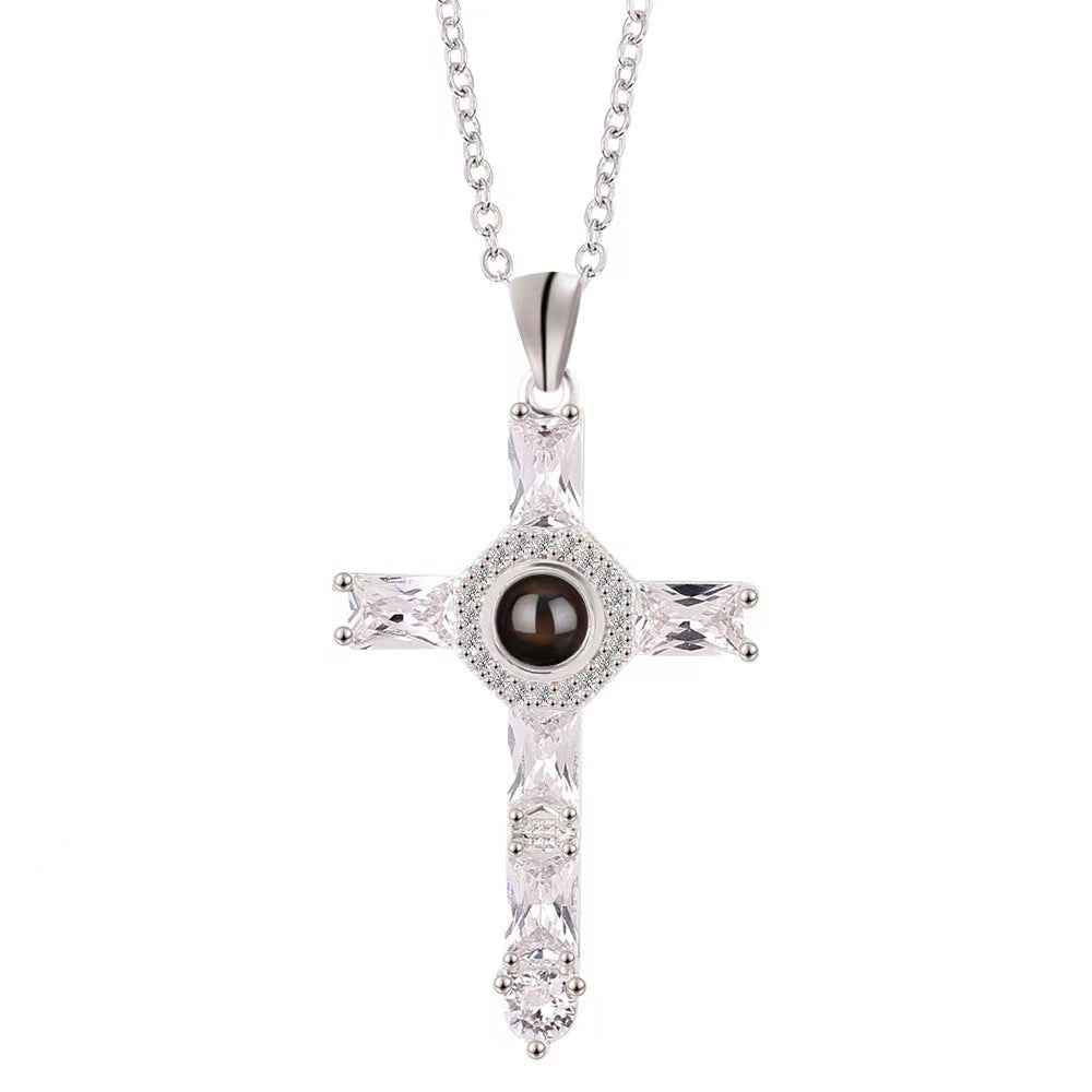 custom projection cross necklace | 100 languages “i love you” pendant with photo engraving - Lyra