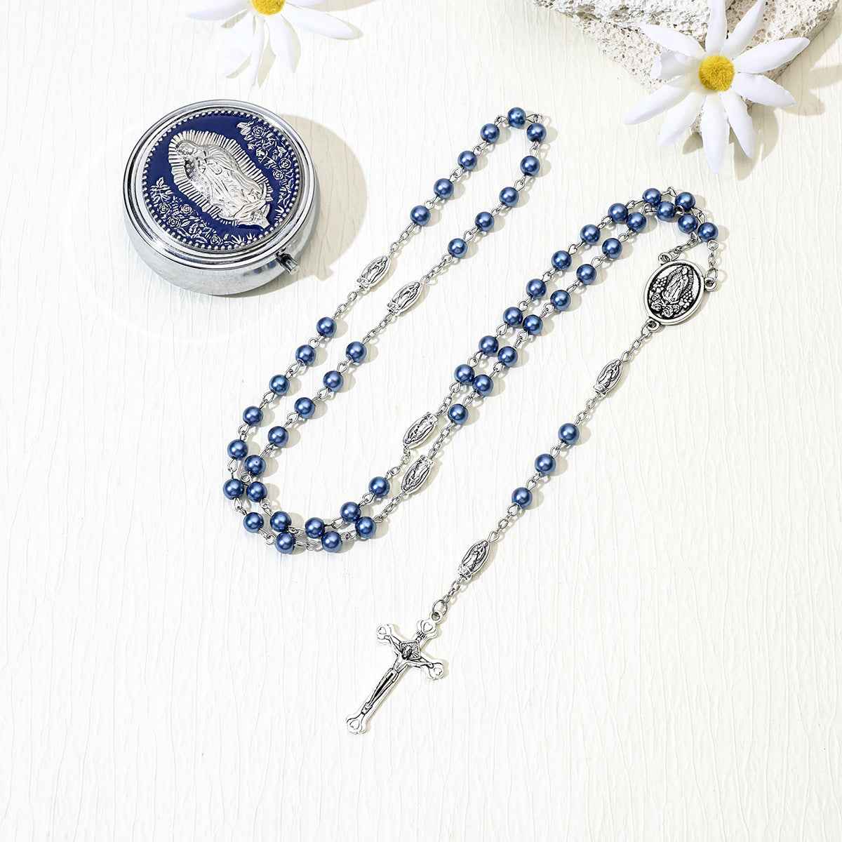 pearl rosary cross necklace | long beaded s925-plated chain - Lyra