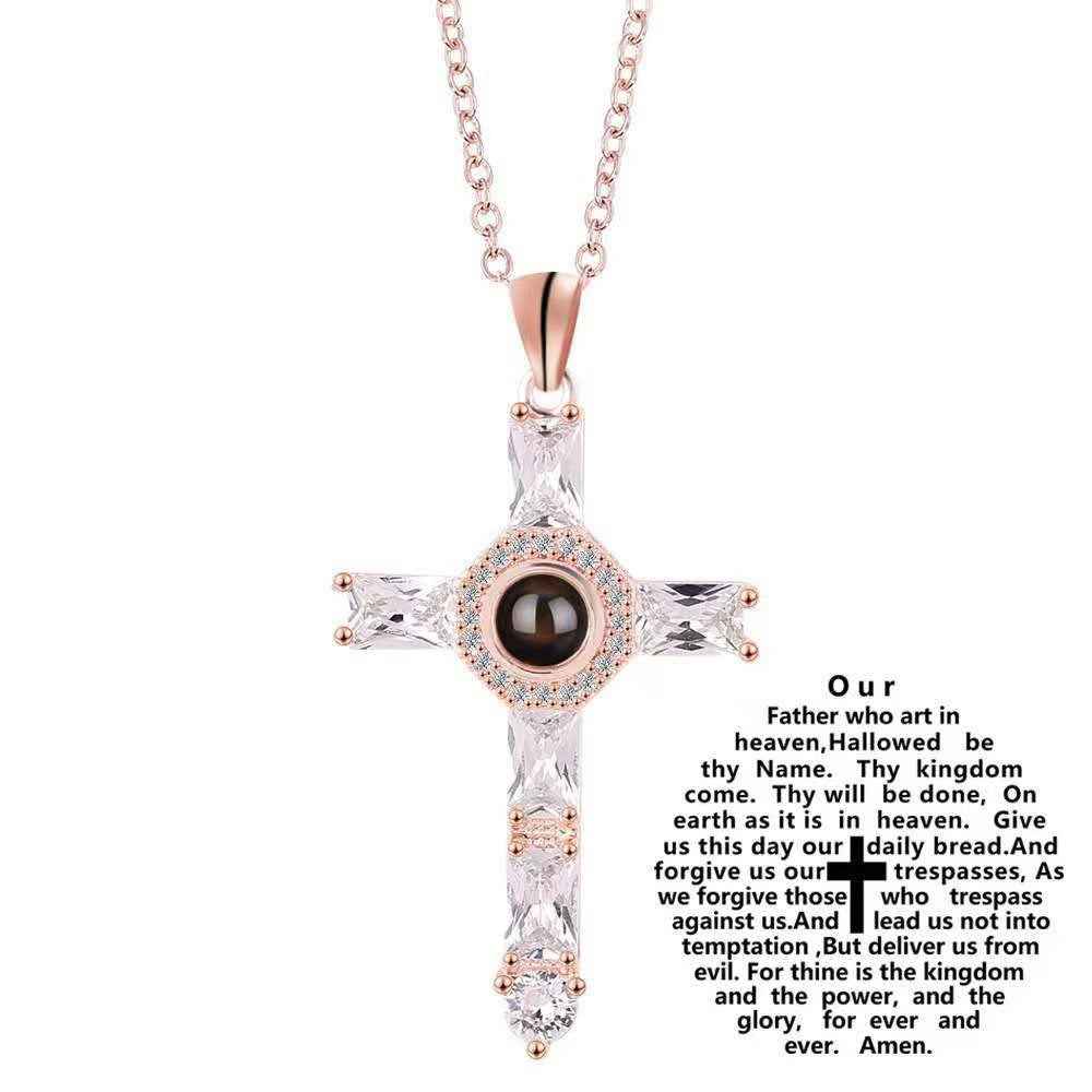 custom projection cross necklace | 100 languages “i love you” pendant with photo engraving - Lyra