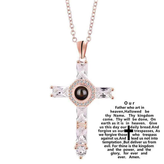 custom projection cross necklace | 100 languages “i love you” pendant with photo engraving - Lyra