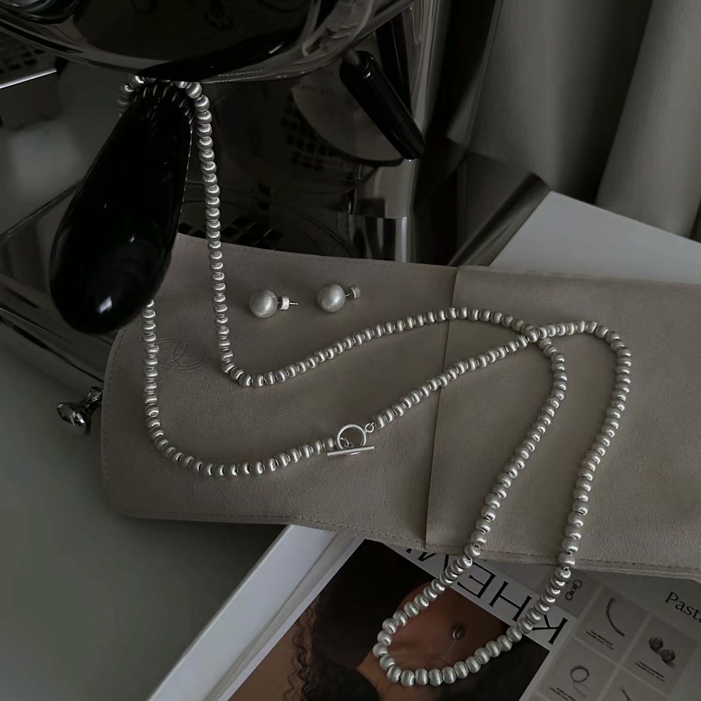 brushed metal sphere necklace set | minimalist long sweater chain & earrings with modern luxury design