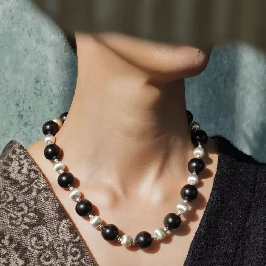 black sandalwood brushed bead necklace | minimalist handcrafted statement jewelry