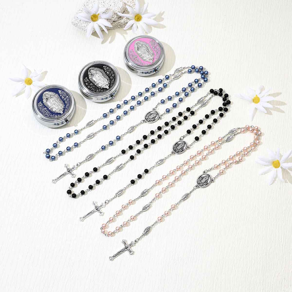 pearl rosary cross necklace | long beaded s925-plated chain - Lyra