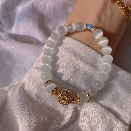 cat’s eye & gray moonstone bracelet |   gold-plated lucky bead minimalist jewelry with oriental charm