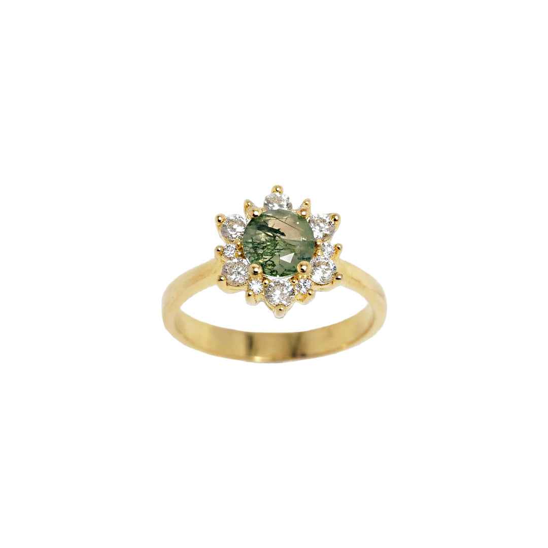 moss agate ring - floral halo - Lyra