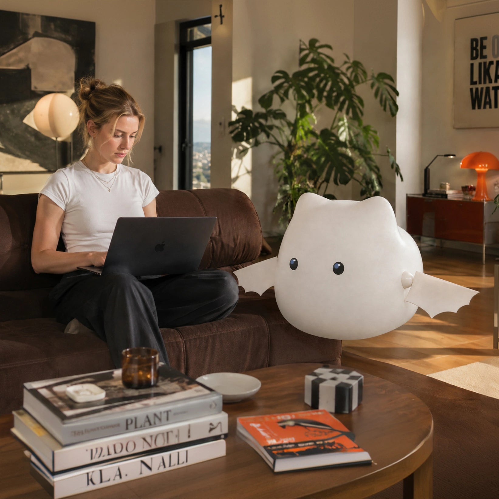 Orbi staying nearby while its companion works on the sofa